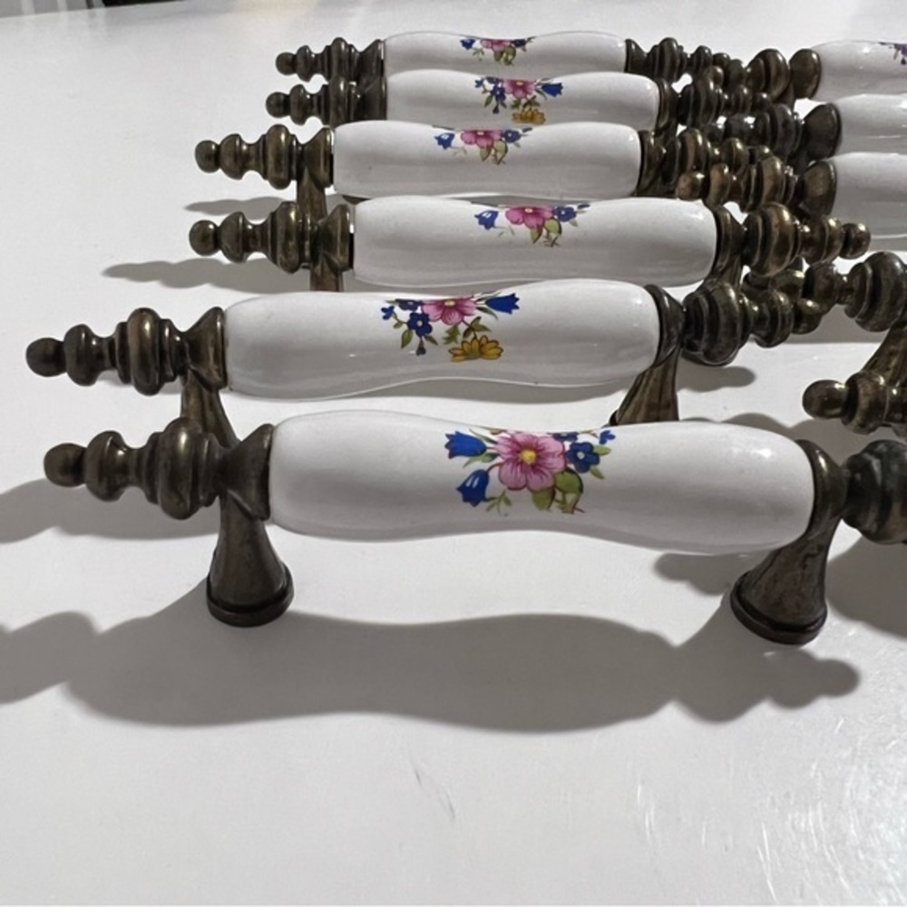 Vintage Antique Porcelain & Brass 3" Center Bar Drawer Cabinet Pulls  Set of 11